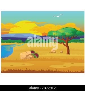 Malerische Landschaft mit einem Fluss, einer Wiese mit Trockenrasen, Bäumen und fliegendem Vogel. Nahaufnahme des Vektor-Cartoons. Stock Vektor