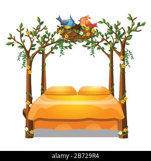 Süßes orangefarbenes Bett mit dekor Form eines Rahmens von Baumstämmen mit Nest mit den Vögeln isoliert auf weißem Hintergrund. Nahaufnahme des Vektor-Cartoons Stock Vektor