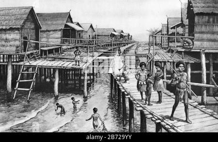 Abbildung: Traditioneller Wohnungsbau in Port Moresby, Papua-Neuguinea, aus einem Satz Schulposter, die für Sozialstudien verwendet werden, c 1930 Stockfoto