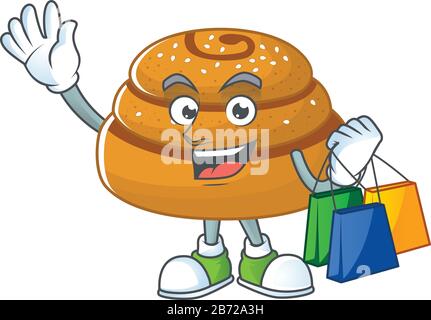 Smiley-reiches Maskottchen-Design mit Kanelbulle und Einkaufstasche Stock Vektor