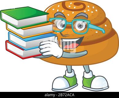 Ein fleißige Studentin im kanelbullen Cartoon-Design mit Buch Stock Vektor