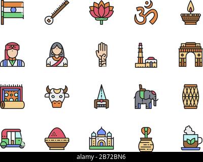 Satz von Symbolen Für flache Linien in indischer Kultur. Elefanten, Kobra, Mantra und mehr. Stock Vektor