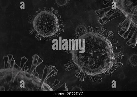 Schwarz-weiß 3D-Darstellung von Viren, Coronavirus und Bakterien Nahaufnahme. Stilisierter Mikroskoplook. Stockfoto