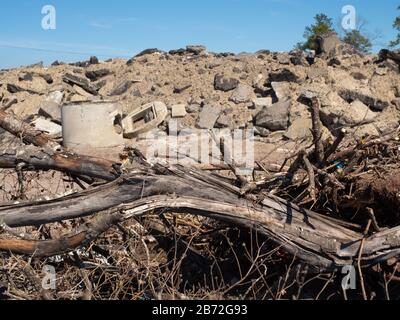 Abgestorbene Bäume, die vor dem Berg von Straßenschutt liegen, Abriss, riesige Platten aus Beton und Asphalt Ansicht #1 zeigt Betonwasserabwasserkanalgehäuse Stockfoto