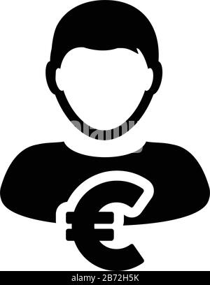 Versicherung Symbol Vektor männlich Benutzer Person Profil Avatar mit Euro Zeichen Währung Geld Symbol für Bank-und Finanzgeschäft in flacher Farbe Glyphe Stock Vektor