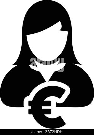 Euro Zeichen Symbol Vektor weiblich Benutzer Person Profil Avatar mit Währungssymbol für Bank-und Finanzgeschäft in flacher Farbe Glyph Piktogramm Stock Vektor