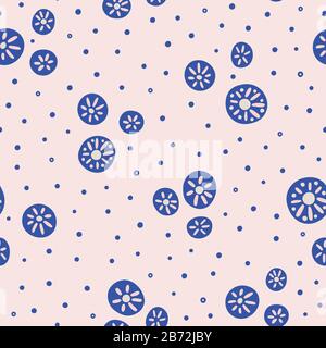 Abstraktes Vektormuster aus verzierten Kreisen und Punkten in Rosa und Marineblau. Der Hintergrund des hübschen, nahtlosen Wiederholungsdesigns. Stock Vektor
