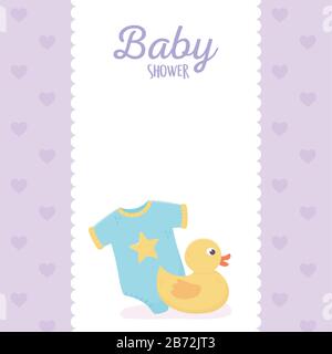Baby-Dusche, Body und Gummi-Entenbanner lila Hintergrundvektorillustration Stock Vektor