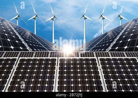 Fotocollage von Solarpaneelen und Windturbinen - Konzept nachhaltiger Ressourcen Stockfoto