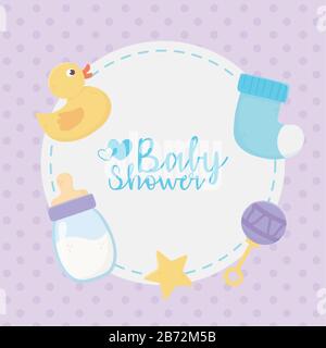 Babydusche, Gummi-Entenflasche Socke Rattle Star Rundbanner gepunktet violett Hintergrund Vektor-Illustration Stock Vektor