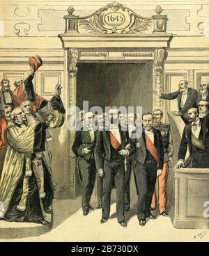 Meyer Henri (* um 1899 in Paris) - Der Präsident der französischen Republik Sadi Carnot in den Armen von Louis Pasteur an der Sorbonne anlässlich seines Jubiläums (70. Geburtstag) im Jahr 1893 - Privatsammlung Stockfoto