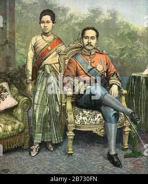 Meyer Henri (* um 1841 in Siam; † 1899) - Porträt von König Rama 5 und Königin Savang Vadhana vom Königreich Siam im Jahr 1893 (König Chulalongkorn von 1853-1910 und Königin Somdech Phra Sri Savarindira Boromma Raja Devi von 23-1955) - Privatsammlung Stockfoto