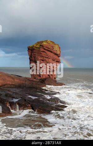 The Deil's Heid (Devils Head) Red Sandstone Sea Stack, Seaton Cliffs, Arbroath, Angus, Schottland Stockfoto