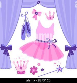 Illustration Ballett-Set mit niedlichem pinkfarbenem und violettem Ballerina-Accessoires. Stockfoto