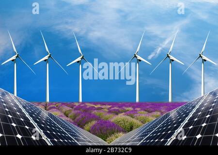 Fotocollage von Solarpaneelen und Windturbinen im Bereich der Ernte - Konzept nachhaltiger Ressourcen Stockfoto