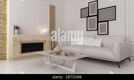 3d-Rendering eines Wohnzimmers mit Kamin, gelben Rosen, Marmorvasen und modernen Möbeln. Ein Wohnzimmer sollte sauber und gemütlich, anspruchsvoll sein. Stockfoto