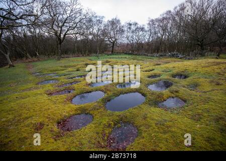 Verteidigungsgruben oder Lillia an den Überresten von Rough Castle an der Antonine Wall bei Bonnybridge in Schottland, Großbritannien Stockfoto