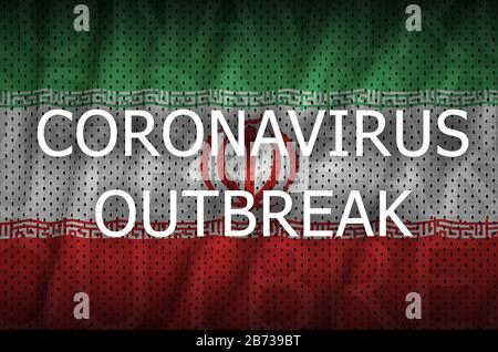 Iran-Flagge und Aufschrift "Coronavirus Outbreak". Covid-19 oder 2019-nCov Virus-Konzept Stockfoto