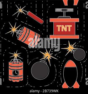 Nahtloses Muster explosiver Retro-Dynamit für die Minierung farbenfroher Icon-Sammlung flache Vektorgrafiken auf schwarzem Hintergrund. Stock Vektor