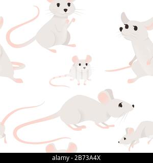 Nahtloses Muster einer niedlichen Cartoon-Maus kleine weiße Maus flache Vektorgrafiken auf weißem Hintergrund. Stock Vektor
