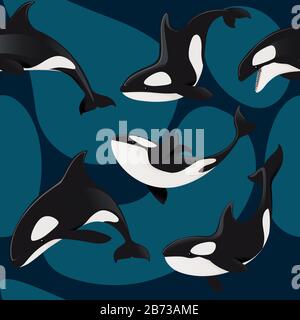 Nahtloses Muster von Killerwal Orca Cartoon Tierdesign flache Vektorgrafiken auf blauem Hintergrund. Stock Vektor