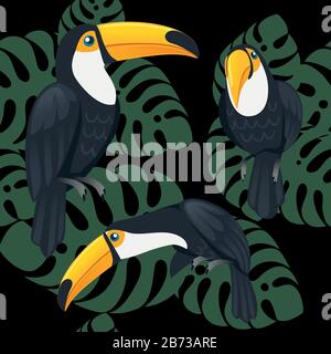 Nahtloses Muster reifer brasilianische Tukan-Vogel-Cartoon Tierdesign flache Vektorgrafiken auf dunklem Hintergrund mit grünen Blättern. Stock Vektor