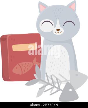 Katzen machen mich glücklich, süße Katze mit Fischgräten und Cartoon-Vektor-Illustration für Lebensmittelkartons Stock Vektor