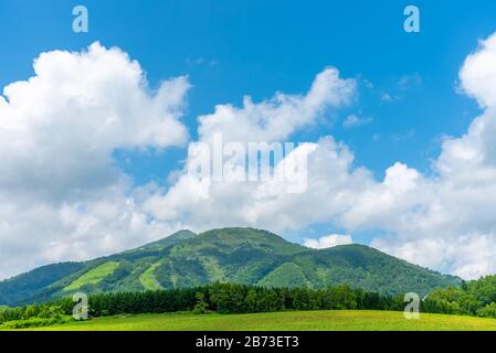 Mt. Niseko-Annupuri im Frühling sonniger Tag. Ländliche Naturlandschaften, blauer Himmel und weiße Wolken im Hintergrund. Stadt Niseko, Unterpräfektu Shiribeshi, Stockfoto