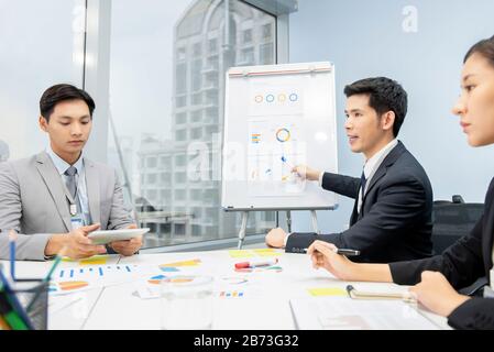 Asiatische Unternehmer präsentieren Geschäftsplandiagramme bei der Besprechung im Büro Stockfoto
