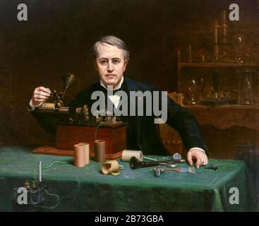 Thomas Edison, (1847-1931), US-amerikanischer Erfinder, mit seinem Phonographen, dem Porträtgemälde des 19. Jahrhunderts von Abraham Archibald Anderson, 1890 Stockfoto