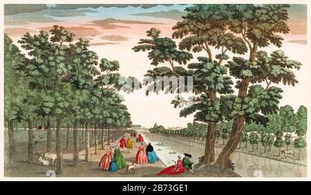 Blick auf den Kanal im Saint James's Park, London, Abbildung aus dem 18. Jahrhundert von Basset, 1700-1799 Stockfoto