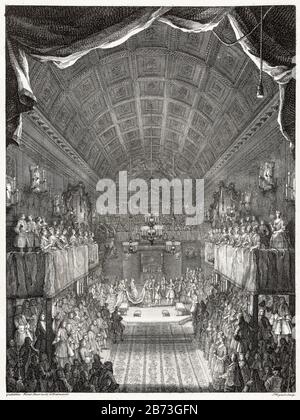 Die Hochzeit von William IV., Prince of Orange, mit Anne, Princess Royal of England in der Chapel Royal of St James's Palace, London, 25. März 1734, Illustration aus dem 18. Jahrhundert von Jacques Rigaud, nach William Kent, 1734 Stockfoto