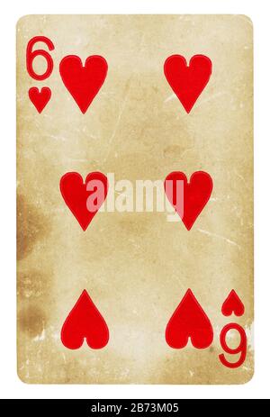 Sechs der Herzen Vintage Playing Card - isoliert auf weißem (clipping path enthalten) Stockfoto