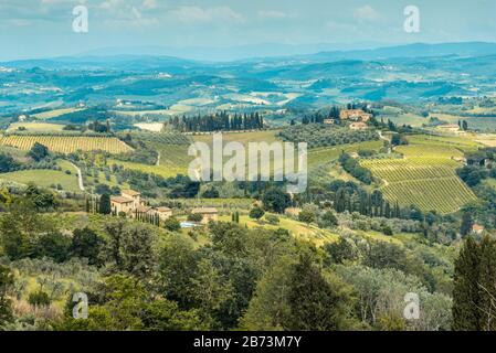 Toskanische Landschaft mit sanften Hügeln, Weinbergen und Bauernhäusern von einer mittelalterlichen Bergstadt San Gimignano, Provinz Siena, Toskana, Italien Stockfoto