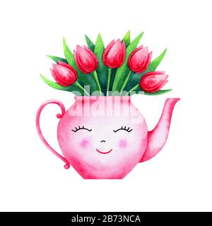 Wasserfarben-Blumenstrauß aus roten Tulpen Stockfoto