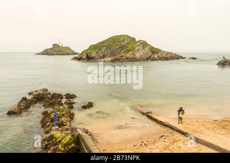 Zwei Inseln, vor Mumbles bei Swansea, auf einer davon der Leuchtturm Mumbles (17993). Swansea Bay, Wales, Großbritannien. Stockfoto