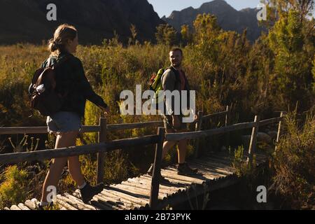 Rückansicht des Paares, das auf einer Holzbrücke spazieren geht Stockfoto