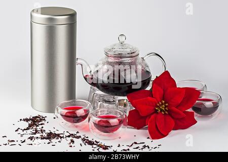 Roter Tee in Teekanne auf dem Ständer mit Kerze, Glaskalen, Edelstahlbehälter, verstreuten Trockenkräuter und Poinsettia-Blume auf weißem Grund. Stockfoto