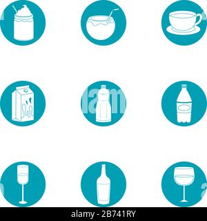 Getränke Getränke Glas Becher Flasche Alkoholische Spirituosen Symbole setzen Vektor-Illustration blaues Blocksymbol Stock Vektor