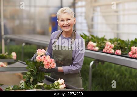 Porträt einer reifen Frau, die als Gärtnerin arbeitet, hält sie einen Haufen junger Rosen fest und lächelt mit der Kamera im Gewächshaus Stockfoto