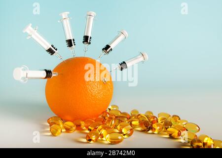 Vitamine und Grippe-Impfstoffe zum Schutz vor Schweinegrippe Stockfoto