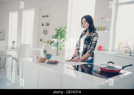 Porträt des fokussierten schönen trendigen Frau Karomuster Hemd Outfit Freizeit Ständer haben frische Produkte Tomateneier leckere Festtruhe Stockfoto