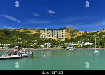 Hafen von Akaroa, einer kleinen Stadt in der Region Canterbury, Südinsel, Neuseeland Stockfoto