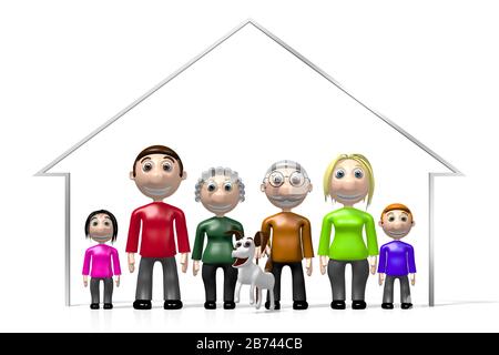 3D-Familie mit mehreren Generationen, Hausform Stockfoto