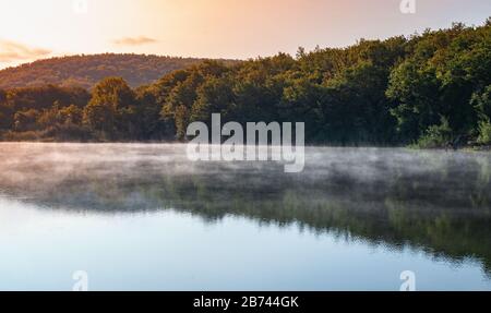 Küstennahe Morgenlandschaft mit Wald- und Nebelschicht über stillem Seewasser in Krimbergen Stockfoto