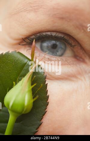 Nahaufnahme einer reifen Frau mit blauen Augen, die mit einer Knospe aus Blume posiert Stockfoto