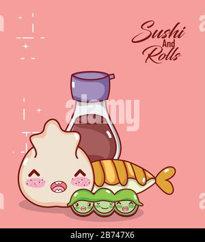 Kawaii kippende Sake Tempura Erbsen Essen japanische Cartoon-Vektor-Illustration Sushi und Rollen Stock Vektor
