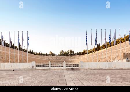 Blick auf das Panathenaische Stadion in Athen. Berühmte Orte in Athen - Hauptstadt Griechenlands. Antike Denkmäler. Stockfoto