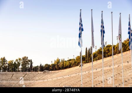 Blick auf das Panathenaische Stadion in Athen. Berühmte Orte in Athen - Hauptstadt Griechenlands. Antike Denkmäler. Stockfoto