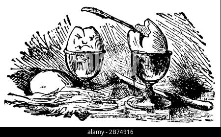 Zerbrochene Eier, dieses Bild zeigt zwei zerbrochene Eier in zwei Gläsern, Messer in der Nähe von Glas, Vintage-Linien-Zeichnung oder Gravier-Illustration Stock Vektor